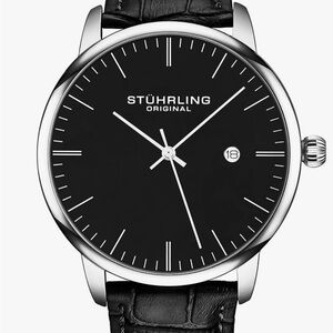 Stuhrling Original Men’s 40 mm Ultra-Slim Black Dial Dress Watch with Calfskin
